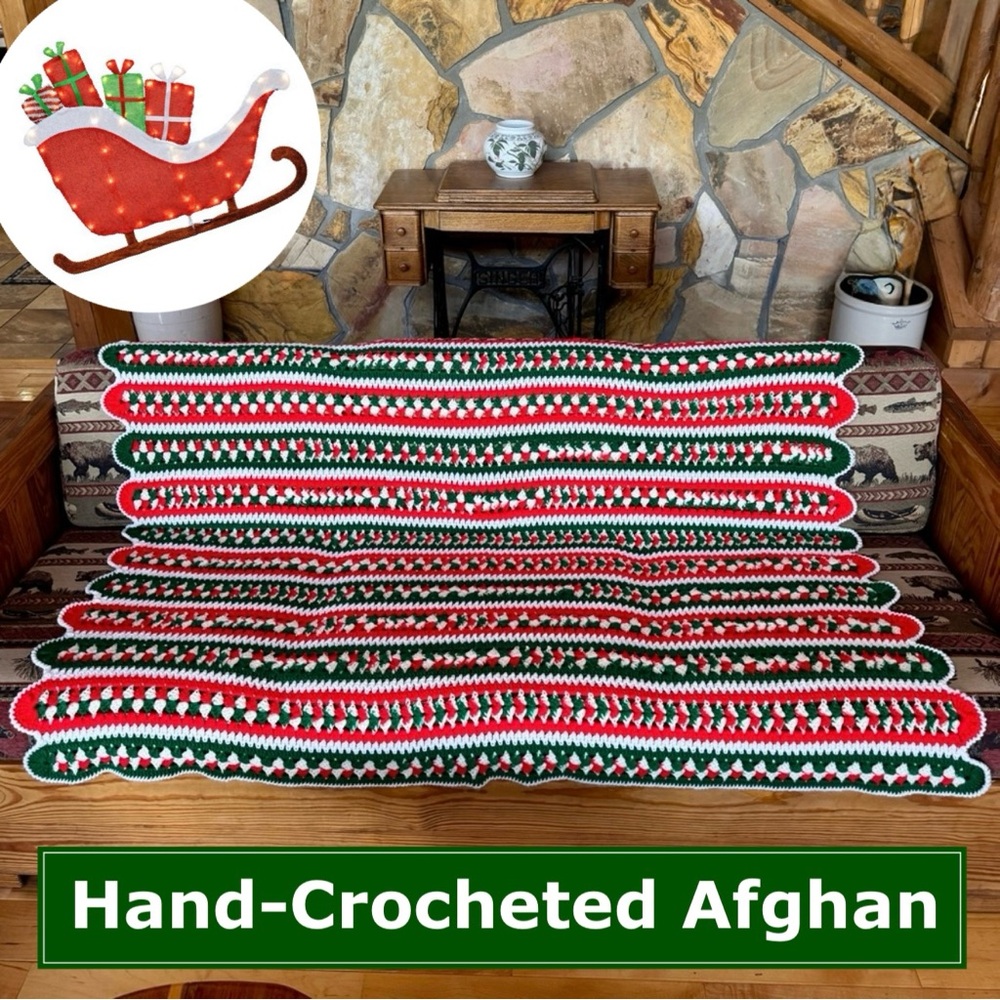 Hand-Crocheted Holiday Scalloped Edge Afghan Blanket Throw (62” x 54”)